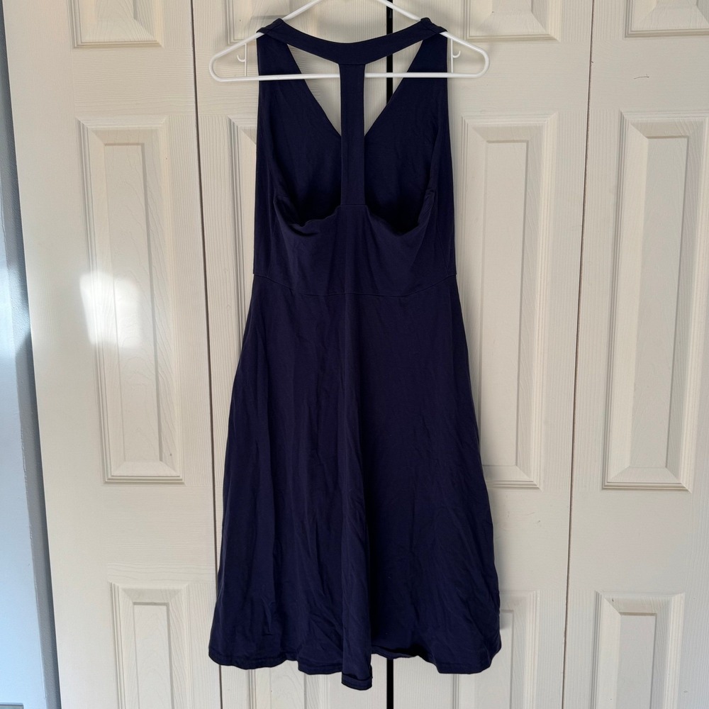 Pact Organic Cotton Fit and Flare Gathered Halter Dress Navy Blue M Pockets Midi - Picture 9 of 9